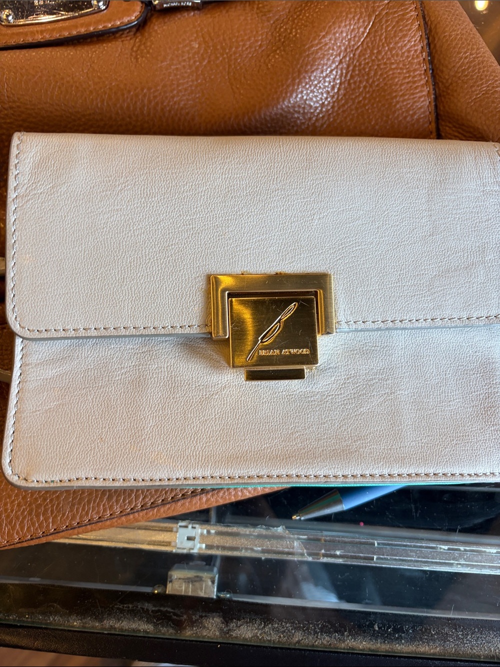 Brian Atwood Cream Leather Crossbody with Gold-Tone Lock Hardware